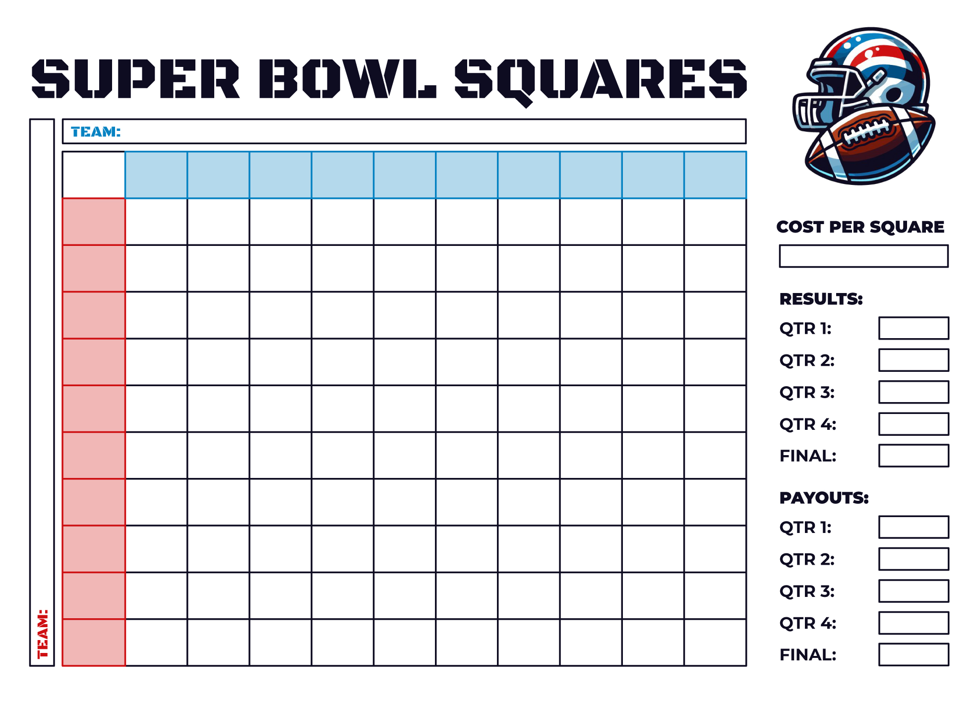 super bowl squares board free google docs template - gdoc.io